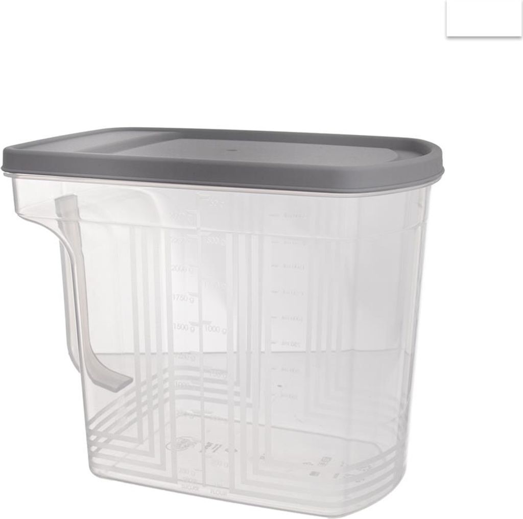 A clear, studio shot of a transparent food storage container with a gray lid and a handle.