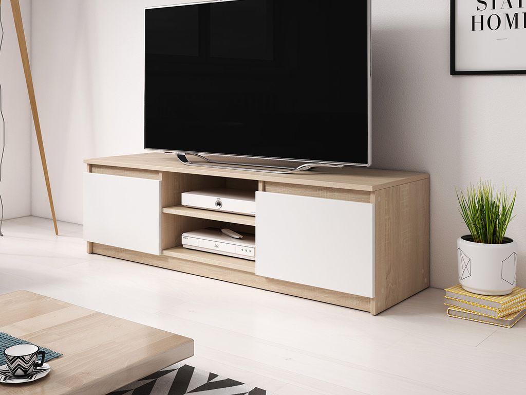 A modern TV stand with two cabinets and shelves, holding a large TV.