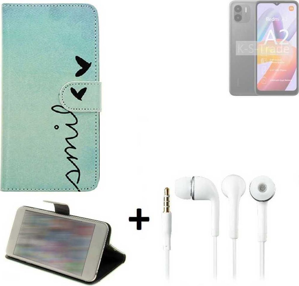 K-S-Trade Schutz Hülle Handy Hülle kompatibel mit Xiaomi Redmi A2 360° Wallet Case Schutz Hülle “smile“ inkl. Ohrstöpsel Smartphone cover