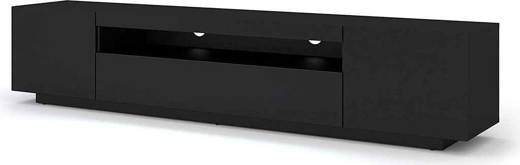 A black, modern TV stand or lowboard is shown against a white background.