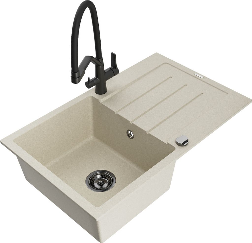Mexen Bruno 1 Becken-Granitspüle mit Abtropffläche und Mischbatterie Duo, Beige - 6513-69-671701-70-B