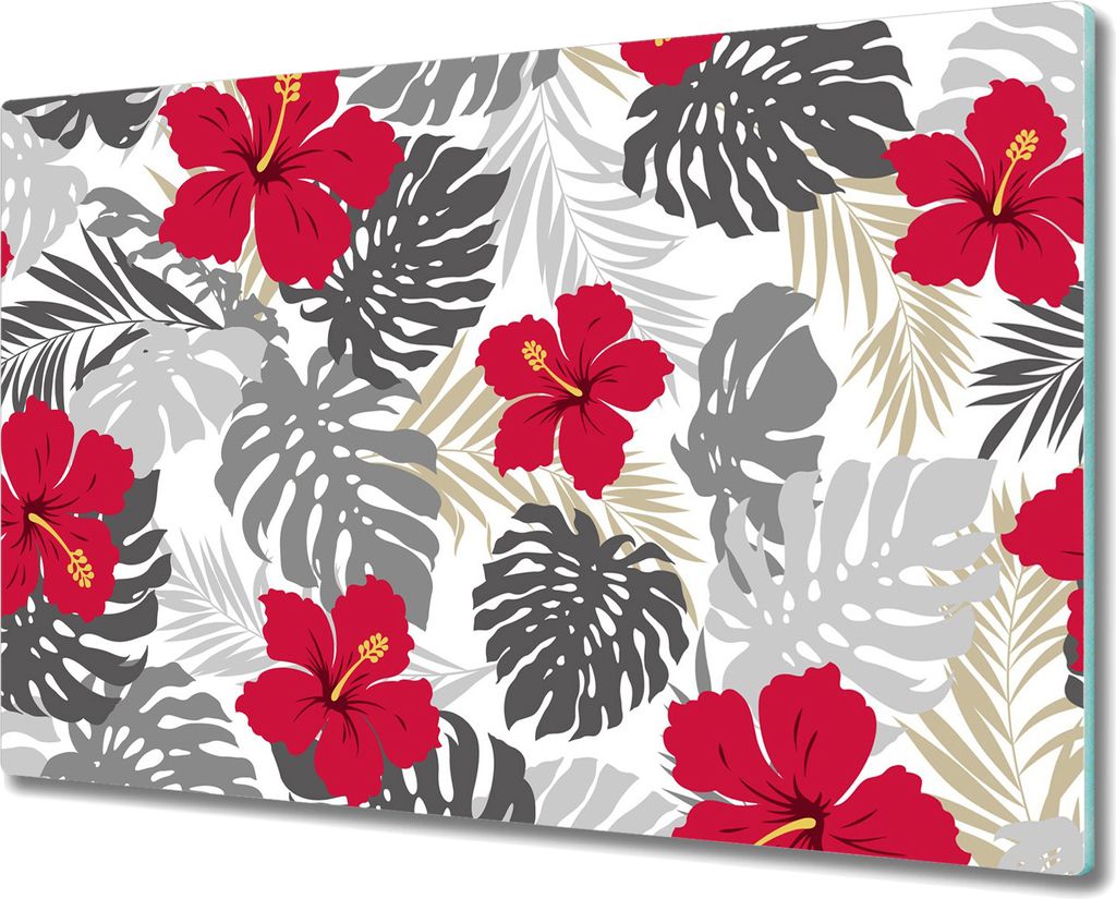 Glas-Herdabdeckplatte Glaskeramikkochfeld-Abdeckung - 80x52 cm - Hibiskus und Fensterblätter