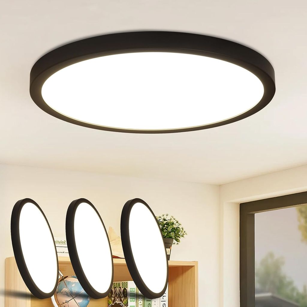ZMH LED Deckenleuchte 3ER Set 24W Rund Flach 4000K Deckenlampe Neutralweiß Ultra Dünn Deckenbeleuchtung für Wohnzimmer Büro Schwarz