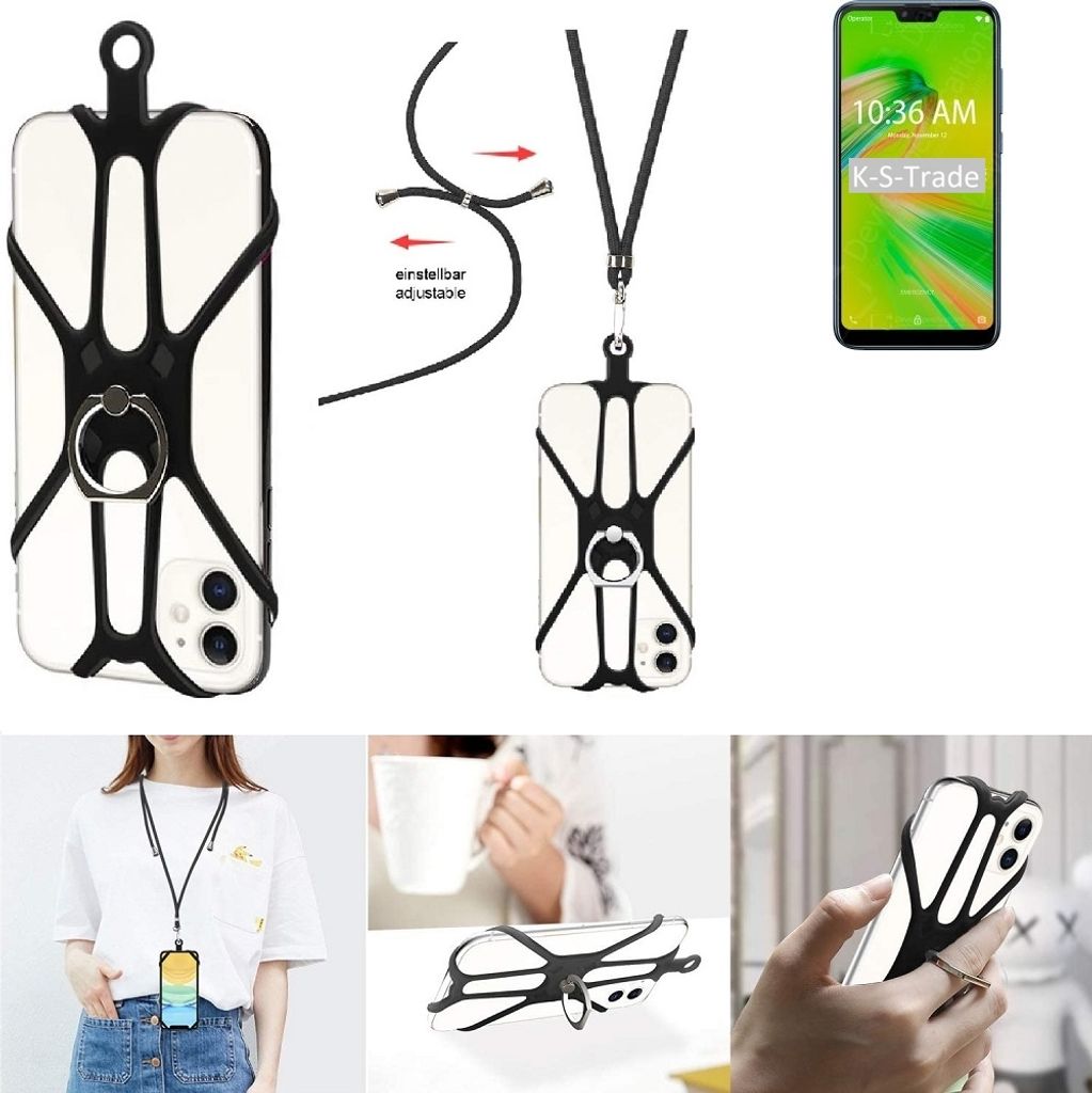 K-S-Trade 3in1 Handykette Handyband Handykordel Halsband Smartphone-Ring Handy-Ring kompatibel mit Asus ZenFone Max Plus (M2) Fingerhalterung