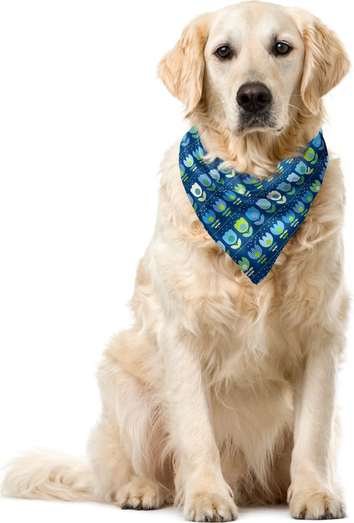 ABAKUHAUS Blumen Haustier Bandana, Scandinavian inspirierte Tulpen, 55x55 cm, Nacht Blau Gelb Grün