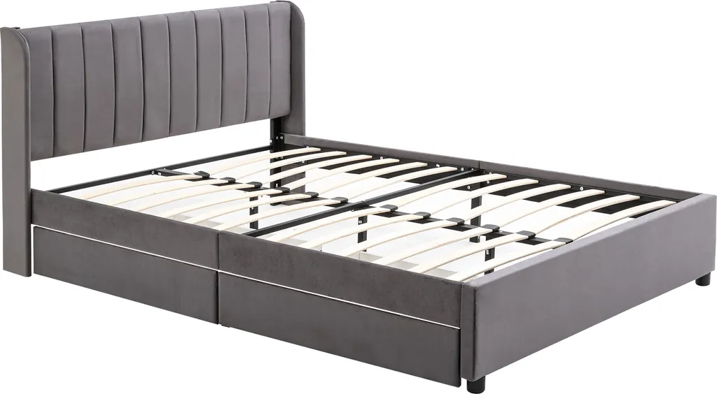 Lit 140x200cm avec 2 tiroirs et sommier, structure bois velours gris - 20