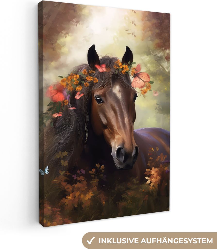 OneMillionCanvasses - Leinwandbilder - 90x140 cm, Pferd - Tiere - Blumen - Wald - Schmetterling, Wandbilder Kunstdruck Wanddekoration - Foto auf ...