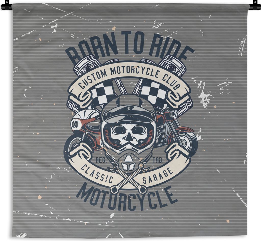 MuchoWow Wandteppich Wandbehang Mancave - Motor - Flagge - Schädel - Retro 120x120 cm Tapisserie Dekoration Wandtuch - Modern - Baumwollgewebe