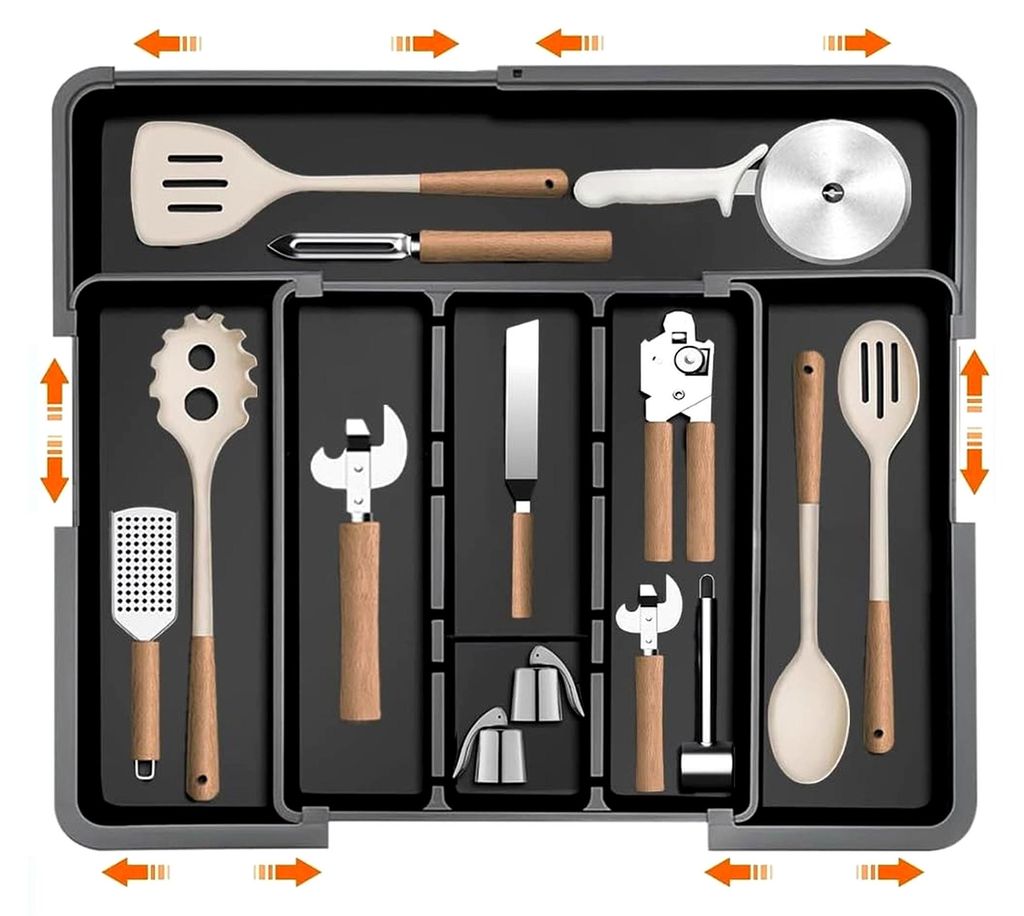 Erweiterbarer Besteckkasten für Schubladen, verstellbarer Schubladeneinsatz für Besteck, Küchenorganizer für Löffel, Gabeln und Messer (Schwar...