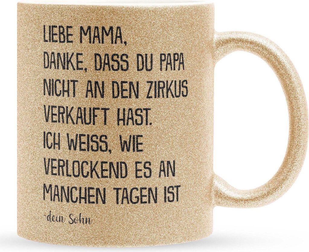 22Feels Glitzertasse Gold Mama Geschenk von Sohn Muttertag Geburtstag Mutter Weihnachten Kaffeetasse Frauen Geschenkidee Bürotasse