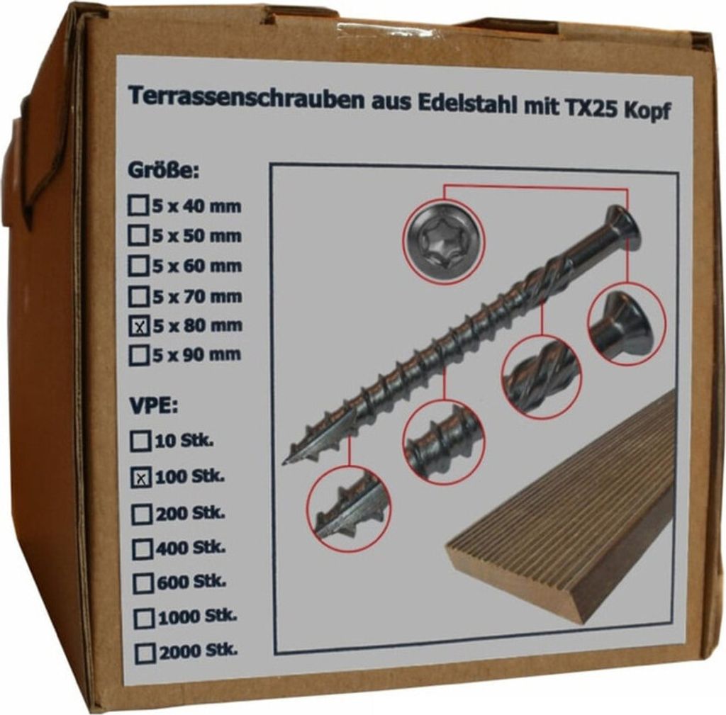 Terrassenschraube aus Edelstahl mit Torx Kopf, Größe 5 x 80 mm, Anzahl 100 Stück (Pack à 100 Stück)