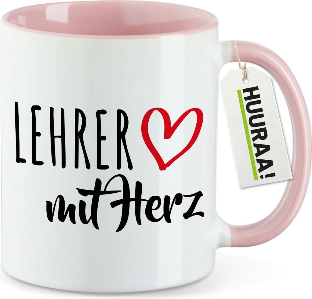 Huuraa Kaffeetasse Lehrer mit Herz 330ml Rosa Keramik Kaffeebecher Geschenkidee