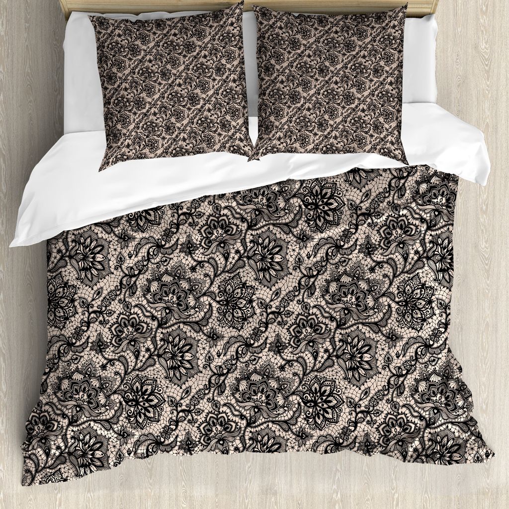 ABAKUHAUS gotisch Bettbezug, Blumen Schmetterlinge Spitze, Milbensicher Allergiker geeignet mit Kissenbezügen, 155 cm x 220 cm - 80 x 80 cm, Tan S...