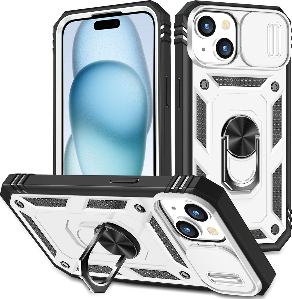 iPhone 15 Plus Hülle, Schiebe Kamera Schutz Robust Schutzhülle mit Ringhalterung Ständer Kartenhalter für iPhone 15 Plus Weiß