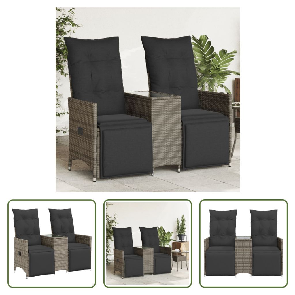 The Living Store Gartensofa 2-Sitzer Verstellbar mit Tisch Grau Poly Rattan