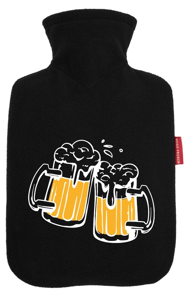 Huuraa Wärmflasche Bierkrüge anstoßen Schützenfest 1,8 Liter Black Classic Veloursbezug Bettflasche Geschenkidee