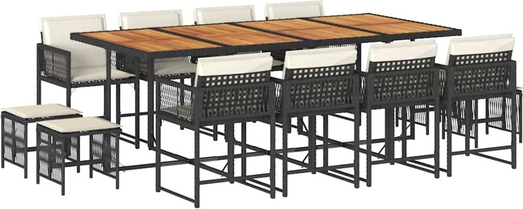 vidaXL 13-tlg. Garten-Essgruppe mit Kissen Schwarz Poly Rattan