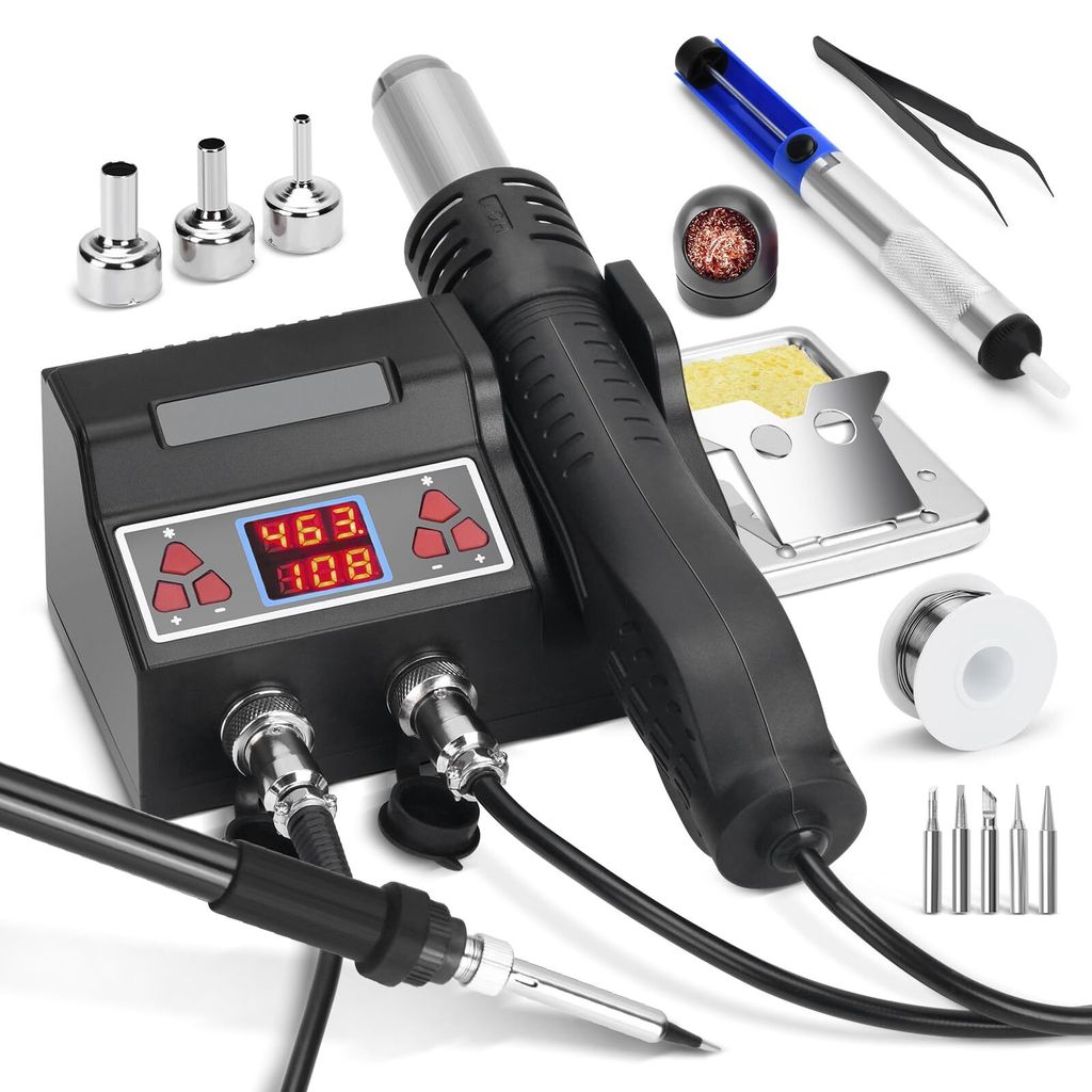 2 IN 1 Lötstation 700W Heißluft Lötstation, Lötkolben Station Entlötstation mit LED-Display, 100-480°C Einstellbare Temperatur, mit 5 Lötspi...