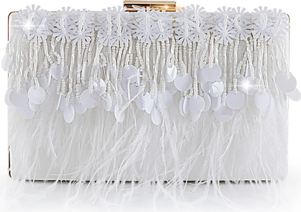 Petit sac de soirée argenté pour bal et banquet avec plumes chic