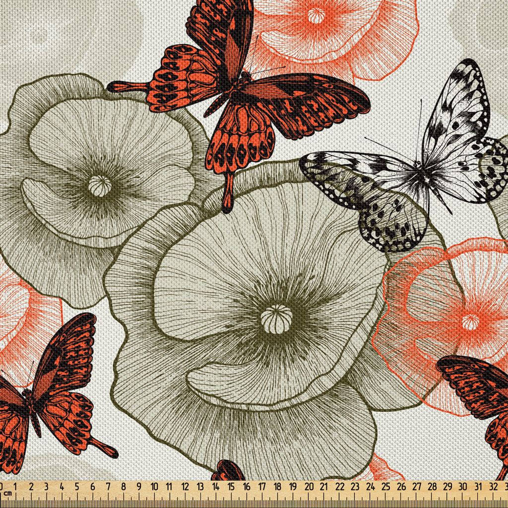 ABAKUHAUS Schmetterling Satin Stoff als Meterware, Mohn Blumen in der Wildernis Garten Wald Thema Vintage Stil schwarz Druck, 2 M (148 x 200 cm), O...
