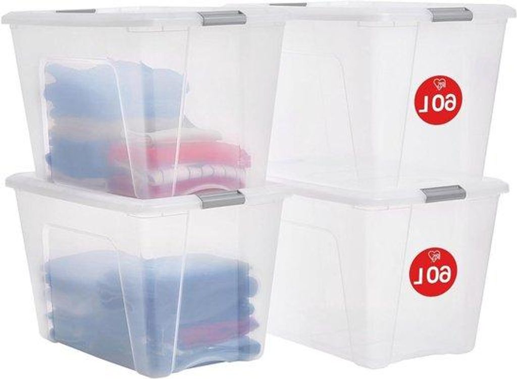Grosse Kunststoff-Boxen mit Deckel - Große stapelbare Aufbewahrungsboxen 60L BPA-frei - Waschküche Büro Hellig/ Silbergrauer Griff - 395 x 58 x ...