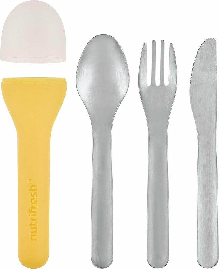 A set of travel cutlery including a spoon, fork, and knife, along with a yellow holder and a white cap.