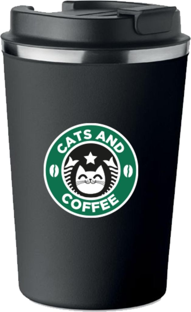 Premium Thermobecher mit Aufdruck CATS AND COFFEE Katzen Kaffee 350ml KT_057