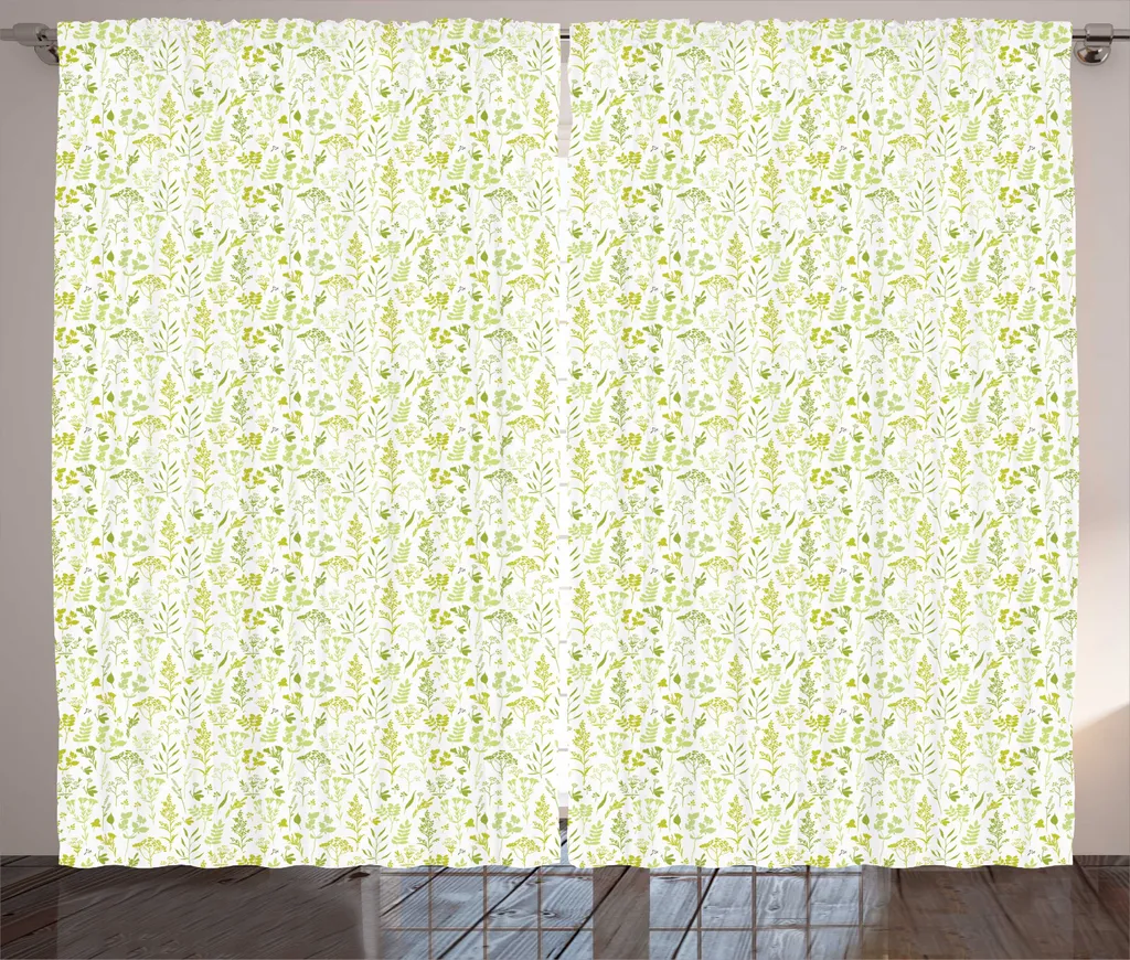 ABAKUHAUS Rideau Moutarde Motif Plantes des Prés 280 x 225 cm Blanc Vert