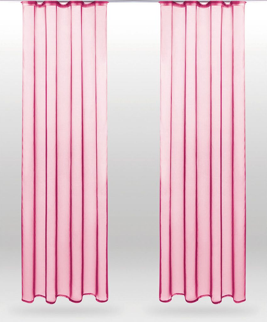 Two pink sheer curtains hanging side-by-side against a light gray and white background.