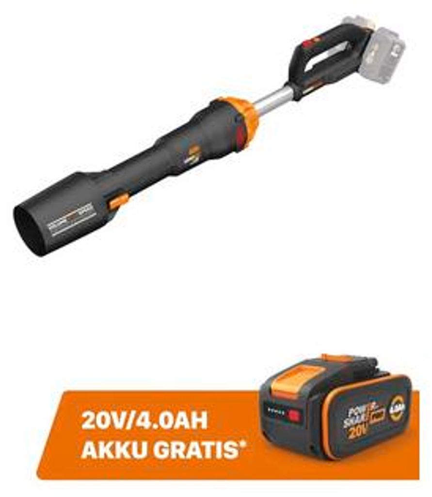 Akku-Laubbläser WORX 40V (2 x 20V) 266km/h WG585E.9, Brushless Motor + GRATIS Zugabeartikel Ersatzakku WA3644 4,0 Ah 20V