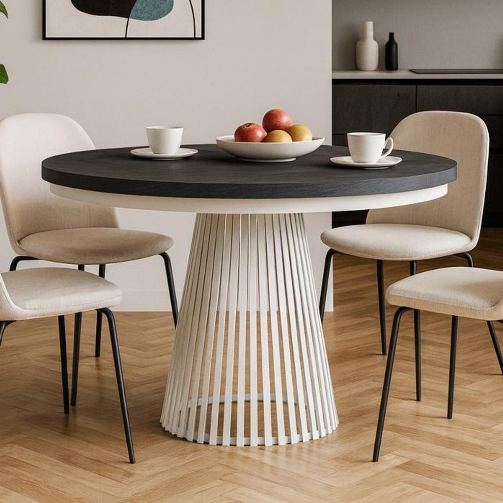 BEAUTYSOFA | Runder Ausziehbarer Tisch LUMI Ø 100–180 cm, Tisch für Esszimmer, Loft-Stil, Skandinavische, Weiß/Schwarz