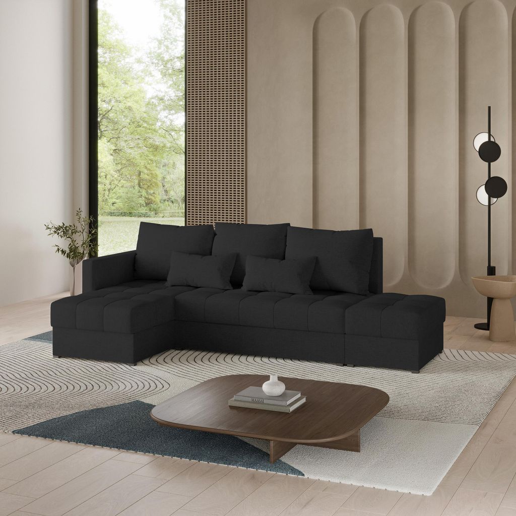 Masseno Ecksofa LUMARI L-S mit Schlaffunktion L-Form, Sofa mit Bettkasten, Wohnzimmersofa, Couch, Soffa, Bettsofa, Couchgarnitur- Schwarz, NEVE 100