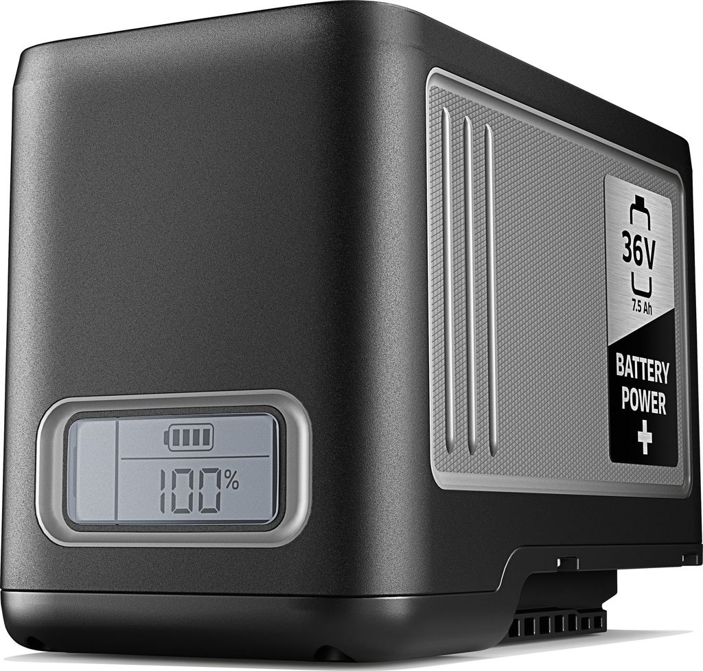 A 36V battery pack with a digital display showing 100% charge.