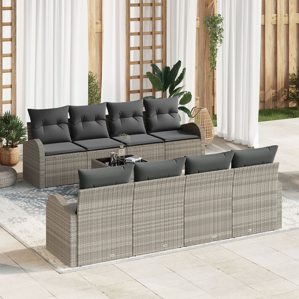 9-teiliges Garten Sofa Set mit Kissen Hellgrau Poly Rattan, Gartensofas DesignMöbel Neu