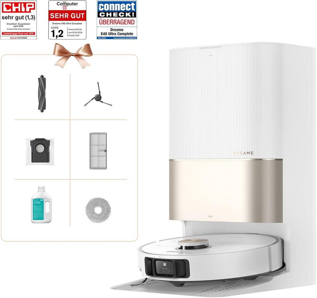 A collage of product accessories and awards next to a white and gold robot vacuum cleaner docked in its charging station.