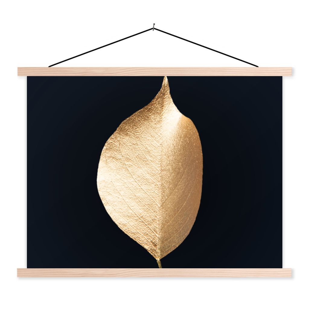 MuchoWow Textilposter Blätter - Gold - Schwarz - Pflanzen - Luxus 60x45 cm mit holzfarbenen Rahmen - Bild