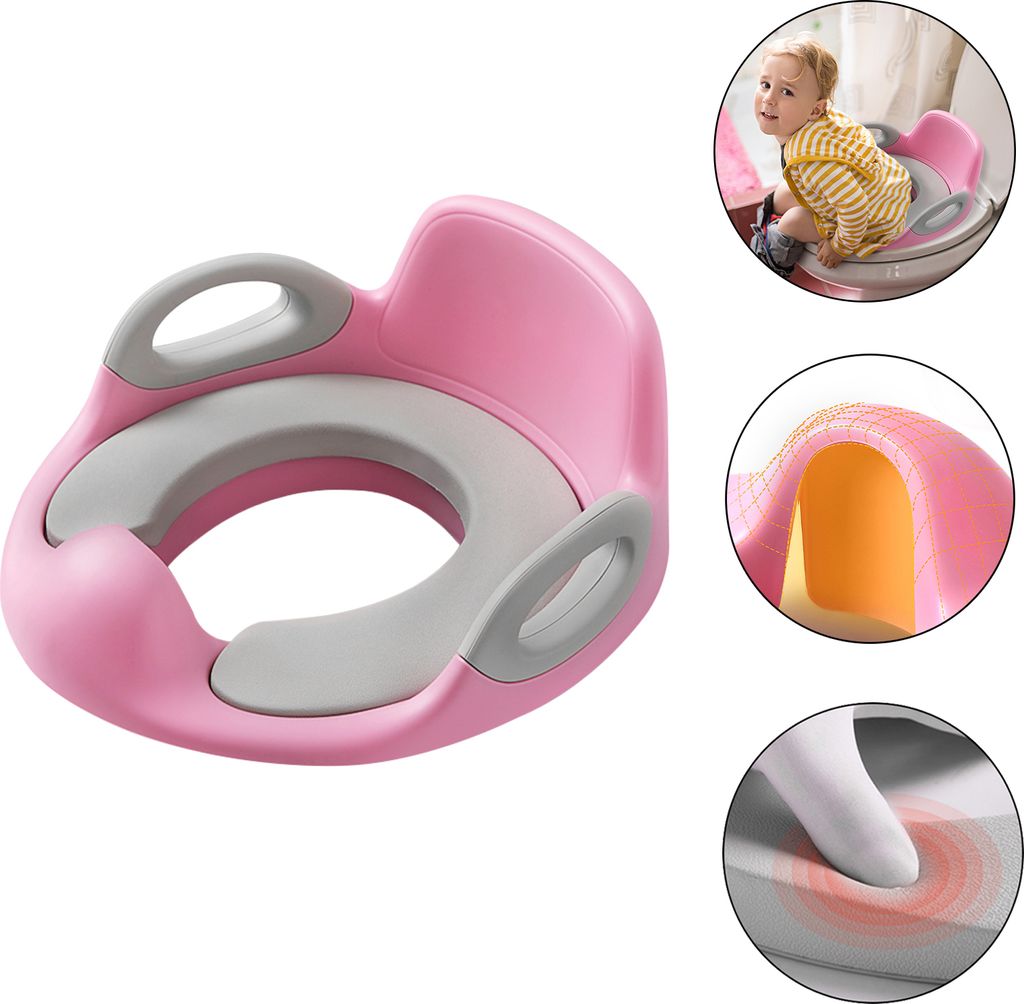LARS360 Kinder Toilettensitz Töpfchentrainer WC Sitz Training PP+PU Anti-Rutsch Spritzschutz Griff, Rosa+Grau