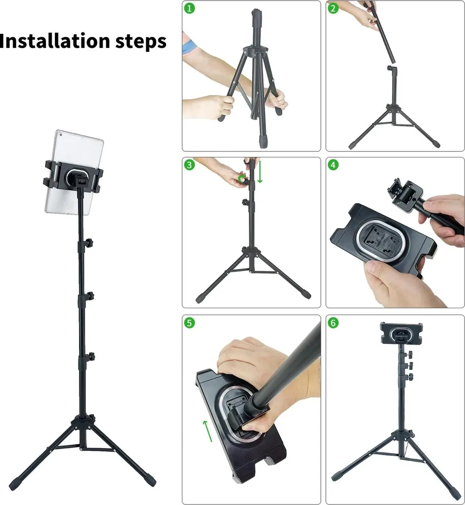 Supporto per tablet e smartphone - Treppiede da pavimento - Regolabile in altezza - Metallo - Per dispositivi da 20-33 cm - Verde oliva - 7