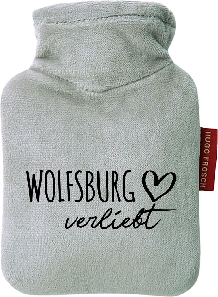 Huuraa Mini-Wärmflasche Wolfsburg verliebt 0,2 Liter Grey Mini Veloursbezug Taschenwärmer Geschenkidee
