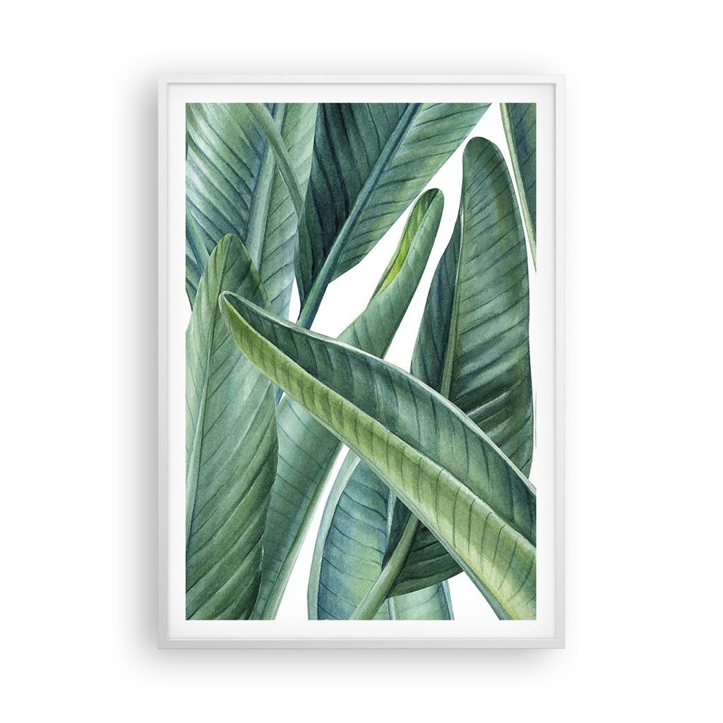 Gerahmtes Poster - Weißer Rahmen - Exotisch Blätter Grün - 70x100 cm - Wand Bild - Wanddeko - Wandbilder - Kunstposter - Wandposter - Bilderrahm...