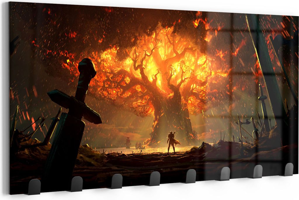 DEQORI Kleiderhaken Glas 60x30 cm 'Brennender Weltenbaum WoW' Wand Garderobe beschreibbar