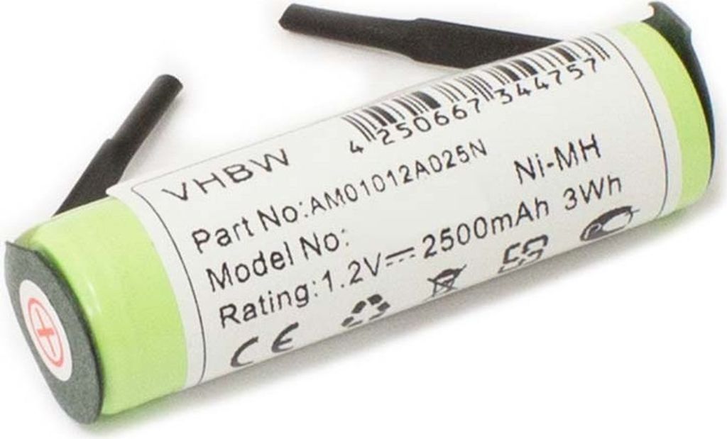 vhbw 1x Akku Ersatz für Braun 180AAH, 233.8008860 für elektrische Zahnbürste (2500 mAh, 1,2 V, NiMH)