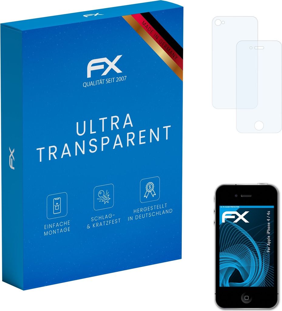 atFoliX FX-Clear 3x Schutzfolie kompatibel mit Apple iPhone 4 / 4s Displayschutzfolie
