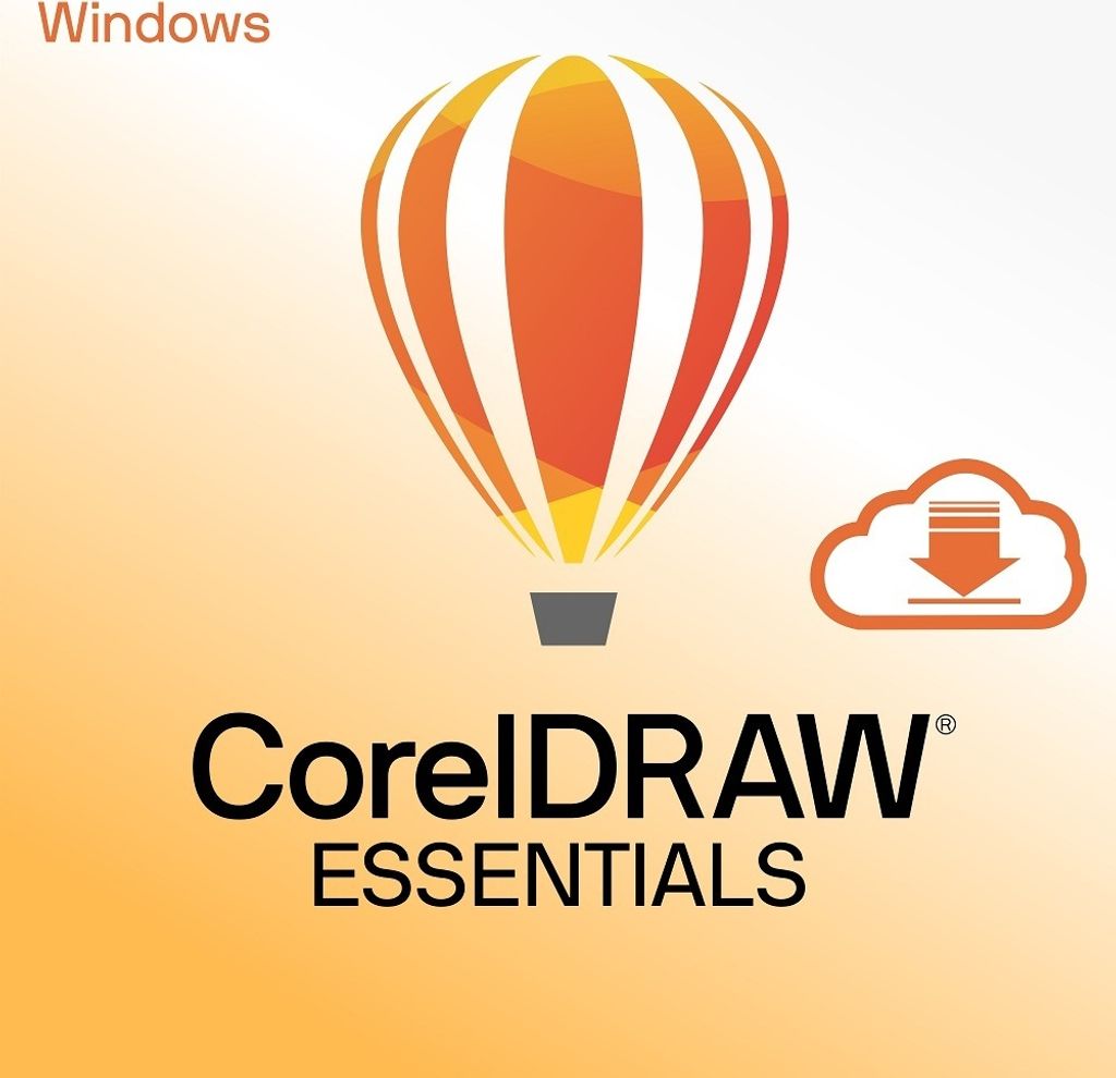 Marketing image for CorelDRAW Essentials software, featuring a hot air balloon graphic and a cloud download icon.
