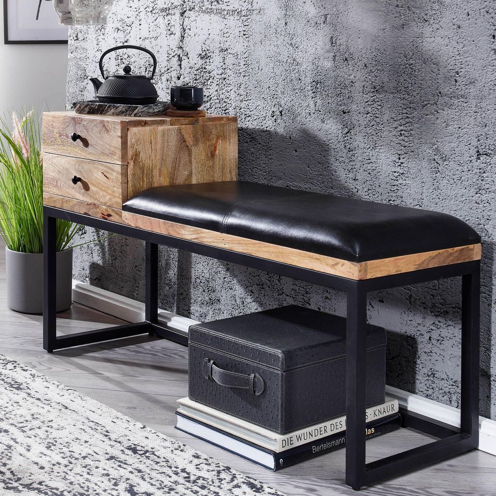 FineBuy gepolsterte Sitzbank 100 cm Massivholz Echtleder Produktbild 