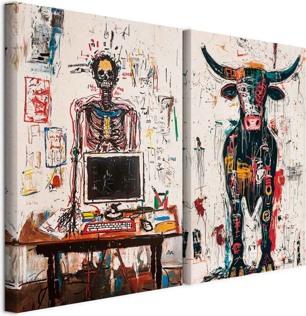 murando - Akustikbild Bilder Set Skelett am Schreibtisch 120x90cm 2 Teilig je 60x90cm Collage 2er Akustikschaum Schallschutz Akustikpaneele Groß W...