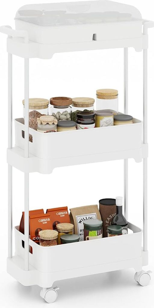 3-stufiger rollbarer Utility-Wagen, Aufbewahrungstrolley mit abnehmbaren Aufbewahrungsboxen, Rädern mit Bremsen, rollbarer Organizer-Wagen, weiß