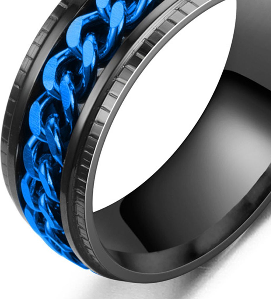 Herrenring, schlicht, hochglanzpoliert, Modeschmuck, rotierende Kette, eingelegter Fingerring für Party-Blau,US 9