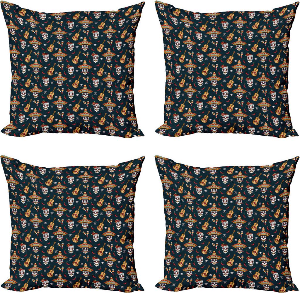 ABAKUHAUS Mexikaner Kissenbezug Set (4 Stück), Schädel Sombrero Chili, Moderner Doppelseitiger Digitaldruck, 50 cm x 50 cm, Mehrfarbig