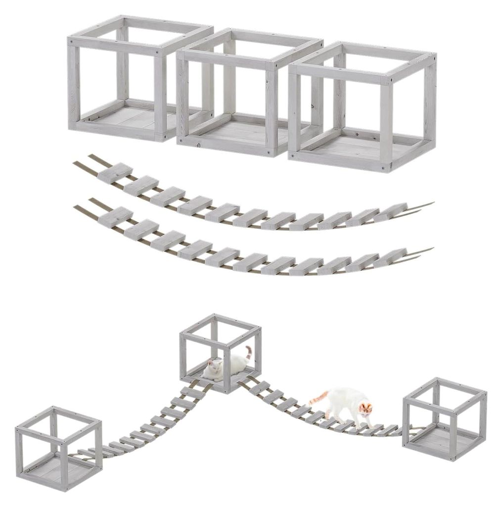 Katzen Kletterwand Set mit 2 Brücken und 3 Liegen aus Holz für die Deckenmontage (Weiß)